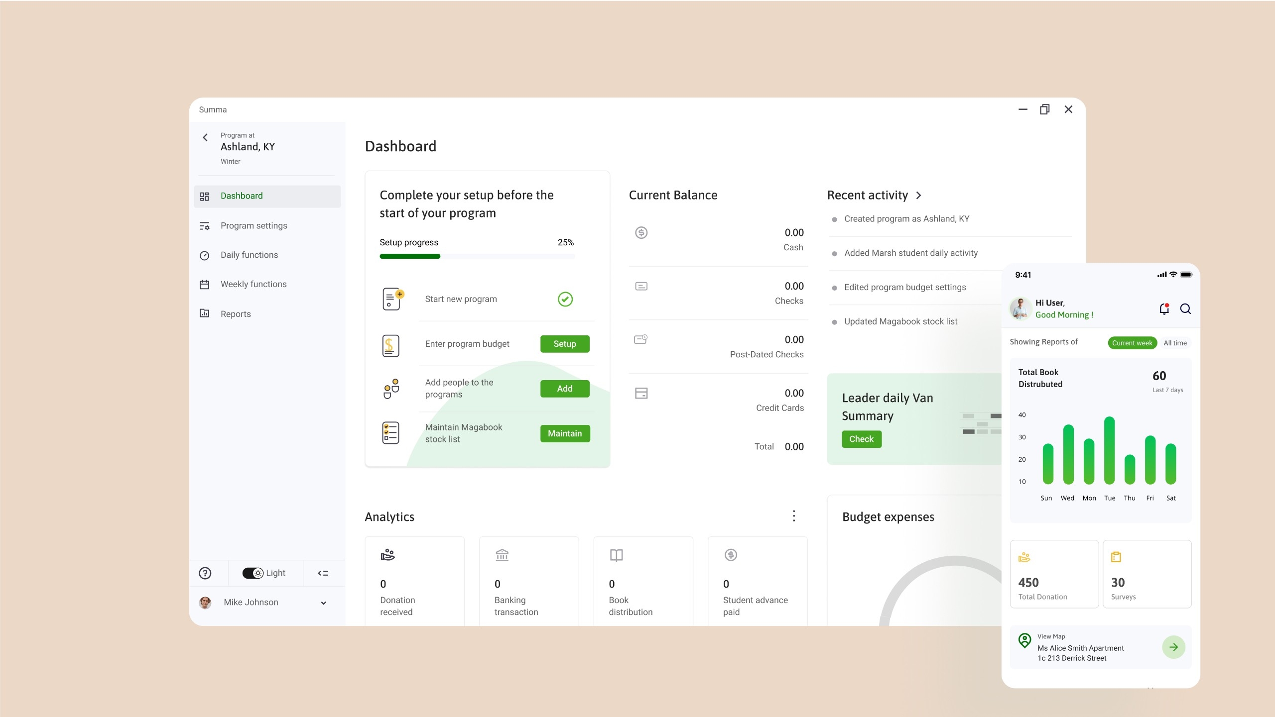 Summa Application user dashboard screenshot 